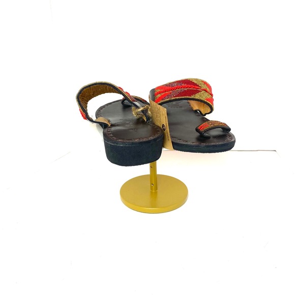 NWT Masai Leather Beaded wedge Toe Loop Sandals Brown Red Gold Size 38 NEW - Picture 3 of 3